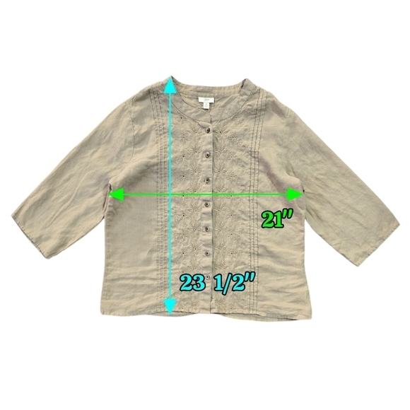 J. Jill 100% Linen Tan Floral Embroidered Pleated Button-Up Shirt Boho Lagenlook - Picture 3 of 8